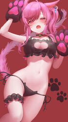  animal_hands arm_up bare_arms bare_shoulders bell black_bra black_choker black_garter black_panties blush bra breasts bridal_garter cat_cutout cat_ear_panties cat_girl cat_lingerie cat_paws cat_tail choker cleavage cleavage_cutout clothing_cutout commission crescent crescent_hair_ornament eyelashes facial_mark female final_fantasy final_fantasy_xiv frilled_bra frilled_garter frills hair_ornament half-closed_eyes hand_up highres jingle_bell long_hair looking_at_viewer medium_breasts meme_attire metatarou miqo&#039;te navel neck_bell oerba_yun_fang open_mouth original panties paw_print paw_print_background pink_eyes pink_hair red_background side-tie_panties side_ponytail simple_background skeb_commission skin_fang solo stomach string_panties swept_bangs tail tail_raised thighs underwear underwear_only warrior_of_light_(ff14) whisker_markings 