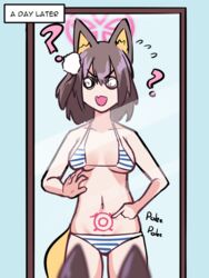  ? animal_ears bare_arms bikini blue_archive breasts brown_hair english_text female flying_sweatdrops fox_ears fox_girl fox_tail halo implied_pregnancy izuna_(blue_archive) izuna_(swimsuit)_(blue_archive) medium_breasts mirror navel o_o oerba_yun_fang open_mouth pink_halo poking poking_belly poking_self pregnancy_halo reflection short_hair sirachi skin_fang solo stomach_tattoo striped_bikini striped_clothes swimsuit tail tattoo 