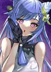  bare_shoulders blush bow braid breasts choker double_bun dress female genshin_impact gloves hair_bun hair_ornament hairbow hairclip hand_up highres honehone_(xsnk8483) keqing_(genshin_impact) looking_at_viewer open_mouth purple_hair purple_sky sky sleeveless sleeveless_dress solo star_(sky) starry_sky twintails 