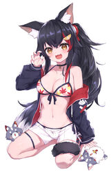  absurdres animal_ear_fluff animal_ears bare_shoulders bikini bikini_under_clothes black_choker black_hair breasts choker cleavage collarbone commentary_request female front-tie_bikini_top front-tie_top full_body hair_ornament hairclip highres hololive kneeling large_breasts leaf_print maple_leaf_print masaki_(msk064) miofa_(ookami_mio) multicolored_hair multiple_others navel no_shirt ookami_mio ookami_mio_(hololive_summer_2019) open_clothes open_mouth red_hair shorts simple_background smile stomach streaked_hair swimsuit tail tail_around_own_leg two-tone_hoodie virtual_youtuber white_background white_shorts wolf_ears wolf_girl wolf_tail 