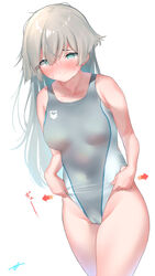  @_@ adjusting_clothes adjusting_swimsuit arena_(company) blush breasts c@rbon cameltoe commentary_request competition_swimsuit covered_navel female grey_hair grey_one-piece_swimsuit groin highres logo_parody long_hair nose_blush one-piece_swimsuit original simple_background small_breasts solo swimsuit swimsuit_tug two-tone_swimsuit white_background 