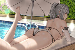  absurdres arched_back ass azur_lane back barefoot beach_umbrella bikini black_bow bow breasts bush caustics closed_mouth commentary craiven day detached_sleeves drake_(azur_lane) drake_(the_golden_hind&#039;s_respite)_(azur_lane) feet feet_up female from_behind from_side glint grey_hair hair_over_shoulder hair_ribbon half-closed_eyes halterneck high_ponytail highres large_breasts legs_together lens_flare long_hair long_sleeves looking_at_viewer looking_back lying multi-strapped_bikini official_alternate_costume on_stomach outdoors ponytail pool pool_ladder poolside profile ribbon see-through see-through_sleeves shade shoulder_blades sideboob sidelocks skindentation solo sparkle stone_floor straight_hair string_bikini swimsuit thighs tile_wall tiles umbrella under_umbrella very_long_hair water wet white_bikini wooden_floor yellow_eyes 