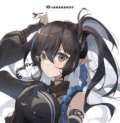  arknights arm_up bare_shoulders black_choker black_hair black_nails blacknight_(arknights) blue_hair choker commentary_request female grey_eyes hair_between_eyes highres infection_monitor_(arknights) multicolored_hair nail_polish pointy_ears solo streaked_hair toto_(caaaaarrot) two_side_up upper_body 