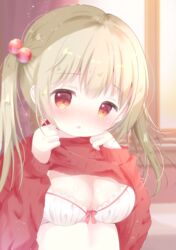  :o blurry blurry_background blush bow bow_bra bra breasts brown_hair cleavage clothes_lift commentary_request depth_of_field female hair_bobbles hair_ornament lifting_own_clothes long_hair long_sleeves looking_at_viewer medium_breasts nose_blush original parted_lips red_eyes red_shirt rin_(fuwarin) shirt shirt_lift sleeves_past_wrists solo twintails underwear upper_body white_bra 