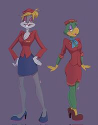  2022 anthro avian bird blonde_hair blush bottomwear breasts buckteeth bugs_bunny cleavage clothed clothing digital_drawing_(artwork) digital_media_(artwork) disney duo employee employee_uniform eyeshadow feathers female flight_attendant flight_attendant_scarf flight_attendant_uniform footwear fur green_body green_feathers grey_body grey_fur hair hi_res high_heels jose_carioca lagomorph leporid looney_tunes makeup mammal mtf_crossgender multicolored_body multicolored_fur parrot pink_eyeshadow rabbit rule_63 signature simple_background skirt standing teeth the_three_caballeros two_tone_body two_tone_fur warner_brothers white_body white_fur xdaffodille 