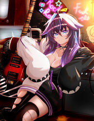  absurdres ahoge amplifier arm_rest arm_support black_bra black_hair black_hoodie black_pants black_thighhighs blue_hair bra bra_strap breasts choker cleavage female guitar highres hood hoodie instrument kappaako kson kson_(4th_costume) large_breasts long_hair long_sleeves looking_at_viewer mole mole_under_eye multicolored_hair pants purple_hair single_thighhigh sleeves_past_wrists solo streaked_hair thighhighs two-tone_hoodie underwear virtual_youtuber vshojo white_hoodie 