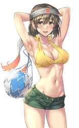  armpits beach_volleyball bikini blush breasts brown_hair collarbone denim denim_shorts female green_pants hair_between_eyes headband highres hiryuu_(kancolle) hiryuu_kai_ni_(kancolle) kantai_collection kokuzou medium_breasts messy_hair navel open_mouth pants short_hair shorts simple_background solo stomach swimsuit toned upper_body white_background yellow_bikini yellow_eyes 