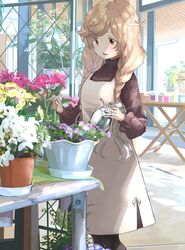  black_pantyhose braid brown_eyes brown_sweater commission dress female flower gradient_hair jewelry kantai_collection light_brown_hair long_hair long_sleeves matsutani minegumo_(kancolle) multicolored_hair official_alternate_costume outdoors pantyhose pinafore_dress plant potted_plant ring sleeveless sleeveless_dress solo standing sweater table twin_braids watering_can wedding_ring white_dress 