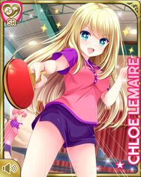  3girls ball blonde_hair blue_eyes breasts character_name chloe_lemaire girlfriend_(kari) indoors long_hair multiple_girls official_art open_mouth outstretched_arm paddle pink_shirt purple_shorts qp:flapper shirt short_shorts short_sleeves shorts smile sparkle table_tennis table_tennis_ball table_tennis_net table_tennis_paddle 