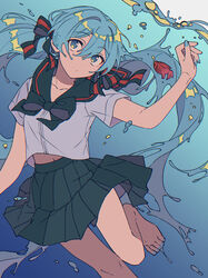  absurdres arm_up barefoot black_bow black_neckerchief black_sailor_collar black_skirt blue_eyes blue_hair blue_nails bottle_miku bow clothes_lift commentary female fish foot_out_of_frame goldfish hairbow hatsune_miku head_tilt highres leg_up liquid_hair long_hair midriff_peek nail_polish neckerchief niyororinpayamaru pleated_skirt red_bow sailor_collar shirt shirt_lift sidelocks skirt solo striped striped_bow symbol-only_commentary underwater vocaloid white_shirt 