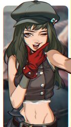  bare_shoulders belt black_hair black_hat blurry blurry_background breasts brown_eyes buttons cabbie_hat crop_top cropped_vest double-breasted female final_fantasy final_fantasy_vii final_fantasy_vii_remake gloves grey_vest hand_to_own_mouth hat hat_pin highres kyrie_canaan lips long_hair looking_at_viewer maplekeurig medium_breasts midriff navel one_eye_closed open_mouth red_gloves shirt solo teeth undershirt upper_body upper_teeth_only vest 