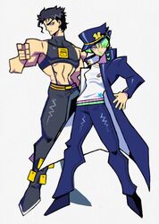  1boy black_hair black_pants cosplay costume_switch denaseey father_and_daughter female full_body green_eyes green_hair green_lips hair_over_one_eye half-closed_eyes hat highres jojo_no_kimyou_na_bouken kujo_jolyne kujo_jolyne_(cosplay) kujo_jotaro kujo_jotaro_(cosplay) long_coat long_sleeves midriff multicolored_hair muscular pants profile shirt short_hair simple_background standing stone_ocean two-tone_hair white_background white_shirt 