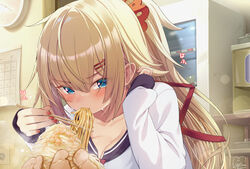  akai_haato akai_haato_(casual) blonde_hair blue_eyes blush breasts chopsticks commentary_request eating female food_in_mouth hair_ornament hair_ribbon hairclip heart heart-shaped_pupils high_ponytail highres holding holding_chopsticks hololive indoors light_particles long_hair long_sleeves looking_at_viewer magowasabi nail_polish official_alternate_costume official_alternate_hairstyle red_nails red_ribbon ribbon school_uniform shirt signature solo sound_effects sweat symbol-shaped_pupils translated twitter_username upper_body very_long_hair virtual_youtuber white_shirt 