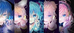  2boys 3girls aqua_eyes aqua_hair aqua_nails aqua_necktie armband bare_shoulders bass_clef black_background black_shirt black_sleeves blonde_hair blue_eyes blue_hair blue_nails blue_scarf bow coat column_lineup commentary gold_trim hair_ornament hairband hairbow hairclip hatsune_miku headphones highres holding holding_own_hair kagamine_len kagamine_rin kaito_(vocaloid) lineup lips long_hair looking_at_viewer megurine_luka mobukyara_(mobumobu0817) mouth_pull multiple_boys multiple_girls nail_polish neck_ribbon neck_tattoo neckerchief necktie number_tattoo open_mouth orange_nails parted_lips pink_hair pink_nails portrait red_pupils ribbon scarf shirt short_hair sleeveless sleeveless_shirt smile sparkling_eyes split_crop swept_bangs tattoo treble_clef vocaloid white_bow white_coat yellow_nails yellow_neckerchief 