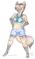  2020 4_toes anthro arm_tuft barefoot black_nose black_spots bottomwear braided_hair breasts brown_body brown_fur brown_hair chest_tuft clothed clothing confident cutoffs denim denim_bottomwear denim_clothing dreaj1 elbow_tuft feet female fur hair hands_on_hips hi_res hyena inkohaulyc-1 looking_at_viewer mammal markings midriff navel oria_corduroy ponytail shirt shorts simple_background smile solo spots spotted_body spotted_fur spotted_hyena spotted_markings spotted_tail standing tail tail_markings tank_top toes topwear traditional_media_(artwork) tuft white_background 