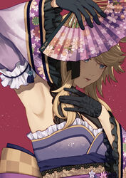  absurdres animal_ears arm_up armpit_focus armpits bad_id bad_pixiv_id black_gloves blonde_hair blue_eyes breasts cleavage_cutout clothing_cutout commentary_request detached_sleeves female folding_fan frilled_kimono frilled_sleeves frills gloves gold_city_(akizakura_danzatrice)_(umamusume) gold_city_(umamusume) hand_fan highres holding holding_fan horse_ears horse_girl japanese_clothes jugemu_(qqkyon) kimono long_hair looking_down obi official_alternate_costume parted_lips purple_kimono purple_sleeves red_background sash sidelocks simple_background sleeveless sleeveless_kimono small_breasts solo standing swept_bangs umamusume upper_body 