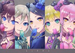  5girls :3 ;3 ahoge ascot asymmetrical_hair bare_shoulders black_bow black_gloves black_hair black_ribbon blonde_hair blue_eyes blue_flower blue_gloves blue_jacket blue_neckwear blue_ribbon blue_rose bow brown_hair choker close-up commentary_request covering_own_mouth crescent crescent_earrings crescent_pin detached_collar diamond_earrings earrings eyelashes feather_hair_ornament feathers flower frilled_choker frills gloves green_eyes green_flower green_gloves green_neckwear green_rose green_vest grey_hair group_name hair_between_eyes hair_flower hair_intakes hair_ornament hair_ribbon hairbow hayami_kanade holding holding_flower ichinose_shiki idol idolmaster idolmaster_cinderella_girls jacket jewelry jougasaki_mika kazura_enji lipps_(idolmaster) long_hair looking_at_viewer miyamoto_frederica multiple_girls necktie one_eye_closed open_mouth parted_bangs pink_choker pink_flower pink_hair pink_jacket pink_tulip profile purple_vest ribbon rose shiomi_syuko short_hair short_necktie sidelocks signature smile tulip tulip_(idolmaster) two_side_up vest wavy_hair yellow_eyes 