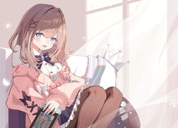  bad_id bad_pixiv_id blue_eyes blush bow bowtie brown_hair buttons cardigan center_frills couch cross-laced_clothes cross-laced_sleeves crown etoile female frilled_skirt frills hair_ornament hat indoors long_sleeves looking_at_viewer medium_hair nijisanji nintendo_switch open_mouth pantyhose pokemon pokemon_(game) shirt sitting skirt solo striped_clothes striped_pantyhose suzuhara_lulu suzuhara_lulu_(1st_costume) unworn_hat unworn_headwear vertical-striped_clothes vertical-striped_pantyhose virtual_youtuber white_shirt window x_hair_ornament 