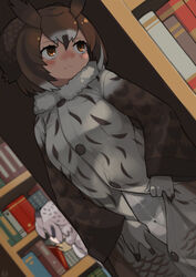  2girls black_hair black_panties blush book bookshelf bow bow_panties brown_eyes brown_hair center_opening closed_mouth coat commentary_request crotch_seam dutch_angle eurasian_eagle_owl_(kemono_friends) flashing frown fur_collar furrowed_brow gloves grey_hair hair_between_eyes highres indoors kemono_friends long_sleeves looking_to_the_side looking_up medium_hair multiple_girls northern_white-faced_owl_(kemono_friends) nose_blush owl_ears panties panties_under_pantyhose pantyhose partially_unbuttoned rinx see-through see-through_legwear solo_focus thigh_gap underwear white_pantyhose 