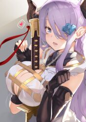  asymmetrical_gloves between_breasts black_gloves blue_eyes braid breasts commentary_request demon_horns draph female gloves granblue_fantasy hair_ornament hair_over_one_eye heart heart-shaped_pupils highres horns large_breasts light_purple_hair long_hair low_tied_hair narmaya_(granblue_fantasy) open_mouth pointy_ears purple_hair single_braid sleeveless solo sword symbol-shaped_pupils togo_(korlsj1235) uneven_gloves weapon 