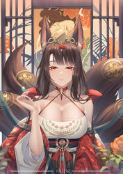  akagi_(azur_lane) akagi_(dawn_phoenix&#039;s_summons)_(azur_lane) animal_ear_fluff animal_ears artist_name azur_lane bare_shoulders breasts brown_hair chinese_clothes chinese_commentary choker cleavage closed_mouth collarbone commentary_request female fox_ears fox_tail halterneck hanfu hanging_scroll headpiece highres jewelry kitsune kyuubi large_breasts looking_at_viewer multiple_tails nail_polish o-ring o-ring_choker official_alternate_costume red_eyes red_nails scroll sking sliding_doors smile solo tail upper_body wide_sleeves 