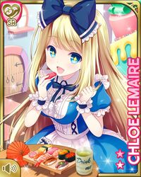  alice_(alice_in_wonderland) alice_(alice_in_wonderland)_(cosplay) alice_in_wonderland apron blonde_hair blue_dress blue_eyes bow breasts character_name checkered_floor chloe_lemaire cosplay cup door dress eating female food girlfriend_(kari) hairbow long_hair official_art open_mouth qp:flapper ribbon smile solo sparkle sushi table tea teacup waist_apron white_apron wrist_cuffs 