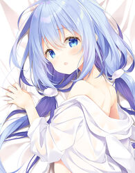  bed_sheet blue_eyes blue_hair commentary_request dakimakura_(medium) female from_above gochuumon_wa_usagi_desu_ka? hair_between_eyes hair_ornament hair_scrunchie highres kafuu_chino long_hair long_sleeves looking_at_viewer lying mocha_(naturefour) on_side open_mouth scrunchie shoulder_blades solo twintails very_long_hair white_scrunchie 