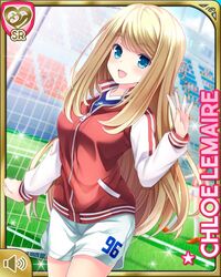  arm_up blonde_hair blue_eyes blue_shirt breasts character_name chloe_lemaire day female girlfriend_(kari) jacket long_hair official_art open_mouth outdoors qp:flapper red_jacket shirt shorts smile soccer soccer_field soccer_uniform solo_focus sportswear track_jacket waving white_shorts zipper 