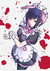  absurdres akiba_maid_sensou animal_ears apron asymmetrical_bangs black_dress black_hair black_thighhighs blood blood_splatter bow breasts dress fake_animal_ears female frilled_apron frills highres kz_nezu3 maid maid_apron maid_headdress mannen_ranko pig_ears pink_bow purple_eyes short_hair short_sleeves simple_background solo standing thighhighs waist_apron white_apron white_background wrist_cuffs zettai_ryouiki 