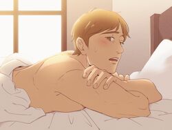  1boy bed blanket blush brown_eyes brown_hair commentary hanpetos lying male_focus moblit_berner nude on_bed on_stomach open_mouth pillow shingeki_no_kyojin solo sunlight sweatdrop under_covers window 