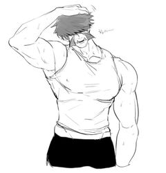  1boy bad_id bad_pixiv_id bara bob_(gallaghers) covered_nipples cropped_legs greyscale hair_over_eyes hand_in_own_hair kekkai_sensen klaus_von_reinhertz large_pectorals male_focus midriff_peek monochrome motion_lines muscular muscular_male mutton_chops pectorals short_hair sideburns sidepec solo sweat tank_top tusks 