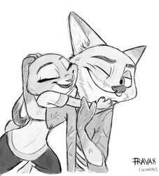  2017 anthro black_and_white canid canine closed_(disambiguation) disney duo female fox frava8 hug judy_hopps lagomorph leporid love mammal monochrome nick_wilde one_eye_closed rabbit simple_background white_background zootopia 