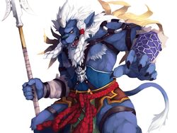  anthro braided_hair broken_horn ear_piercing facial_hair felid final_fantasy final_fantasy_x hair horn kimahri lowerkuo male mammal melee_weapon muscular muscular_anthro muscular_male piercing polearm ronso solo spear square_enix weapon white_hair 