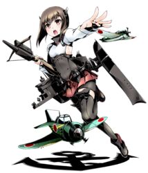  a7m_reppuu anti-aircraft_gun bike_shorts black_thighhighs blouse boots brown_eyes brown_hair commentary_request crossbow female flat_chest flight_deck full_body headband headgear holding holding_crossbow holding_weapon kantai_collection makishima_rin open_mouth pleated_skirt repeating_crossbow roundel shirt short_hair skirt smile solo taihou_(kancolle) thigh_boots thighhighs transparent_background weapon 