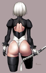  2b_(nier:automata) artist_name ass backless_outfit black_gloves black_thighhighs commentary_request female from_behind gloves katana multicolored_clothes multicolored_gloves nier:automata nier_(series) no_pants onomeshin photoshop_(medium) short_hair signature skindentation solo standing sword thighhighs virtuous_contract weapon white_gloves white_hair white_thighhighs 