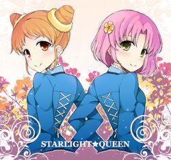  2girls aikatsu! aikatsu!_(series) arisugawa_otome bad_id bad_pixiv_id blush brown_eyes brown_hair cone_hair_bun double_bun english_text flower green_eyes hair_bun hair_flower hair_ornament kitaoji_sakura locked_arms long_hair looking_at_viewer looking_back multiple_girls pink_hair school_uniform short_hair smile starlight_academy_school_uniform yatsune_rika 