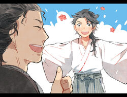  2boys black_hair blush closed_eyes commentary_request crossover getiao hakama hakama_skirt japanese_clothes jin_(manga) kimono letterboxed long_hair male_focus multiple_boys mutsu-no-kami_yoshiyuki open_mouth sakamoto_ryouma_(jin) skirt thumbs_up touken_ranbu 