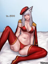  animal_ears arm_support artist_name ass_grab bad_id bad_pixiv_id bed_sheet beret bikini blue_background breasts cat_ears cleavage commentary_request commission dungeon_and_fighter epaulettes female grabbing_own_ass grey_hair grin hat highres jacket jacket_on_shoulders kidmo korean_commentary large_breasts lips long_hair looking_at_viewer navel nose photoshop_(medium) red_bikini red_eyes red_thighhighs shiny_skin simple_background sitting smile solo spread_legs swimsuit tgurneu thighhighs very_long_hair 