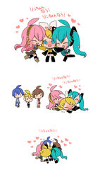  2boys 4girls aqua_hair blonde_hair blue_eyes blue_hair blue_scarf blush brown_hair commentary_request hairband hatsune_miku heart highres hug kagamine_len kagamine_rin kaito_(vocaloid) kore_hitotsubu long_hair megurine_luka meiko_(vocaloid) multiple_boys multiple_girls pink_hair ribbon rin-chan_now!_(vocaloid) scarf smile translated twintails vocaloid wavy_mouth 