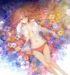  bonnou-s-rice female flower lingerie long_hair open_clothes orange_hair original panties purple_eyes smile solo underwear 