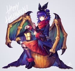  animal_ears aokamei bat_ears candy commentary dragon_wings dress fake_animal_ears female fire_emblem fire_emblem:_the_sacred_stones fire_emblem_heroes food full_body fur_trim grey_background halloween halloween_costume happy_halloween highres holding holding_candy holding_food holding_lollipop lantern lollipop long_sleeves multi-tied_hair myrrh_(fire_emblem) myrrh_(halloween)_(fire_emblem) purple_hair red_eyes simple_background sitting solo twintails wings 