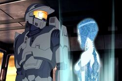  1boy blue_hair blue_skin cortana female halo_(game) helmet hologram master_chief power_armor power_suit side_boob size_difference visor 