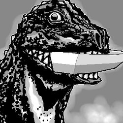  agon_(kaijuu) boat commentary_request grey_background greyscale kaijuu lowres maboroshi_no_dai-kaijuu_agon matagitii monochrome monster mouth_hold no_humans oekaki portrait sharp_teeth simple_background teeth watercraft 