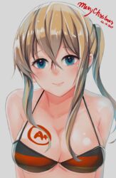  alternate_hairstyle bare_shoulders bikini blonde_hair blue_eyes blush bodypaint breasts cleavage closed_mouth collarbone commentary_request female flag_print german_flag graf_zeppelin_(kancolle) grey_background hair_between_eyes head_tilt kantai_collection medium_breasts merry_christmas sekigan side_ponytail sidelocks simple_background smile solo swimsuit tsurime upper_body 