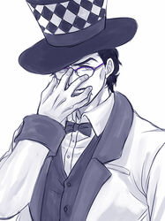  1boy adjusting_eyewear bad_id bad_pixiv_id bespectacled blue-framed_eyewear bow bowtie facial_hair glasses hat jojo_no_kimyou_na_bouken male_focus miyabi_(run) moustache phantom_blood solo top_hat will_anthonio_zeppeli 