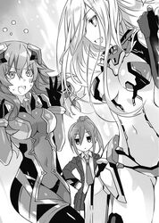  3girls :d ass_visible_through_thighs bodysuit breasts breasts_apart character_request covered_navel date_a_live ellen_mira_mathers floating_hair greyscale hair_between_eyes hand_on_own_hip high_ponytail jacket jessica_bailey long_hair medium_breasts mole mole_under_eye monochrome multiple_girls necktie novel_illustration official_art open_mouth school_uniform shirt skirt smile standing sweatdrop takamiya_mana tsunako 