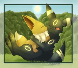  conditional_dnp cuddling duo eevee eeveelution female feral generation_1_pokemon generation_2_pokemon love male male/female nintendo pokemon pokemon_(species) rockfall umbreon 