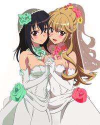  aiba_asagi black_hair blush bow breast_press breasts bridal_veil brown_eyes choker cleavage dress earrings elbow_gloves flower gloves green_flower hair_flower hair_ornament hairbow high_ponytail himeragi_yukina holding_hands interlocked_fingers jewelry light_brown_hair long_hair looking_at_viewer medium_breasts multiple_girls open_mouth red_eyes red_flower sideboob sleeveless sleeveless_dress smile standing strapless strapless_dress strike_the_blood symmetrical_docking transparent_background veil very_long_hair wedding_dress white_gloves yellow_flower 