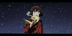  :o bad_id bad_pixiv_id blush boku_dake_ga_inai_machi brown_eyes brown_hair coat female hinazuki_kayo kurohane letterboxed night scarf short_hair snow snowing solo wind winter 