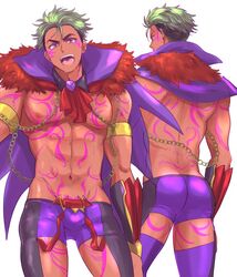  1boy abs ascot ass body_markings cape chains clothing_cutout commentary_request dark-skinned_male dark_skin green_hair king_of_prism king_of_prism:_prism_rush!_live king_of_prism_by_prettyrhythm male_focus multicolored_hair nipples open_mouth pectorals pretty_rhythm pretty_series purple_eyes revealing_clothes solo thigh_cutout toroi_(run01211) two-tone_hair yamato_alexander 